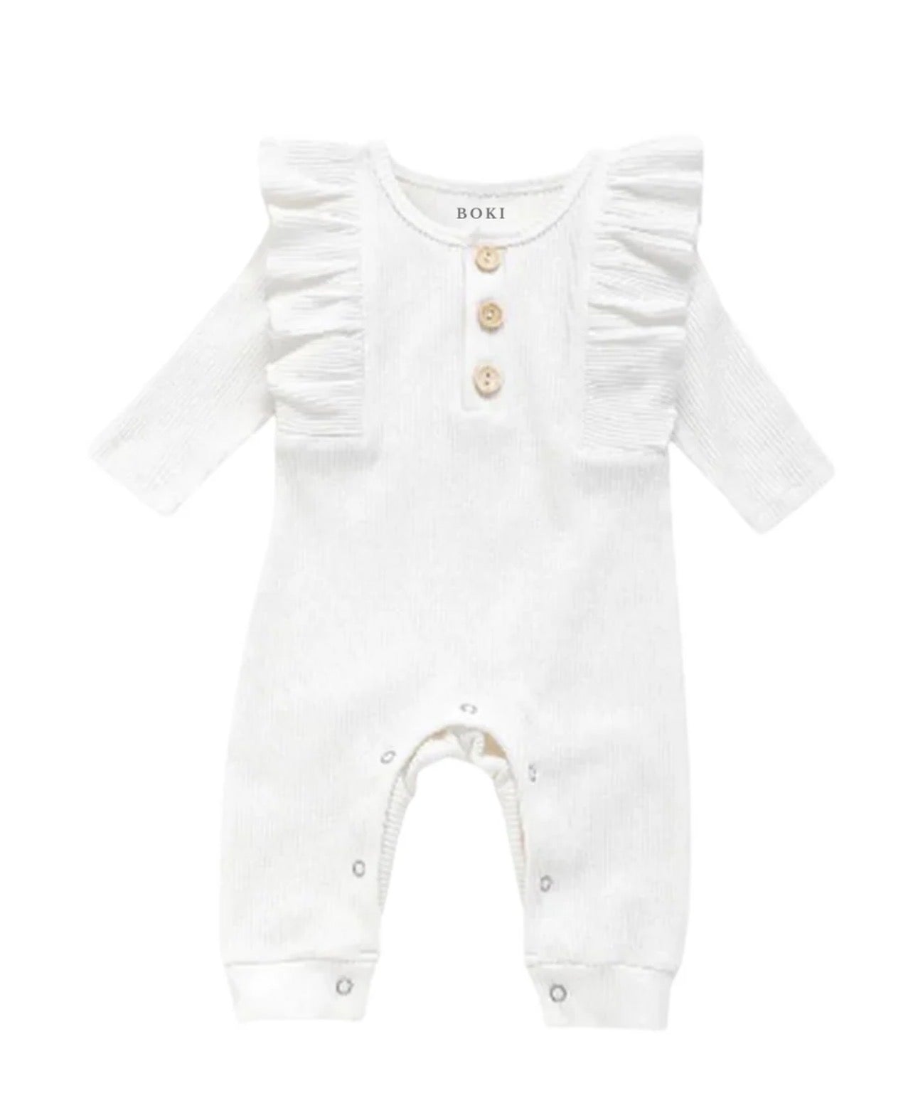Boki Long-Sleeve Ruffled Ribbed Growsuit