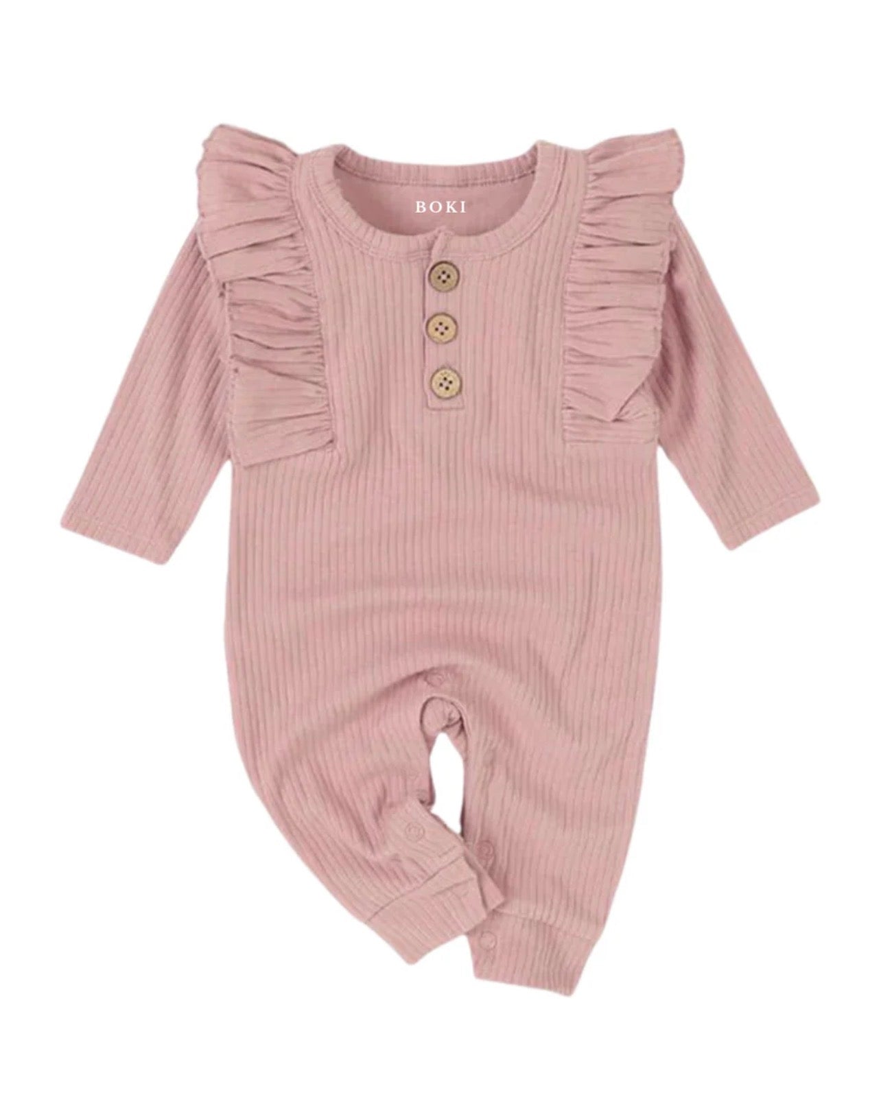 Boki Long-Sleeve Ruffled Ribbed Growsuit