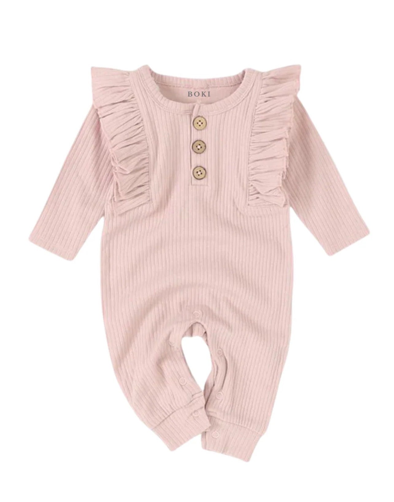 Boki Long-Sleeve Ruffled Ribbed Growsuit